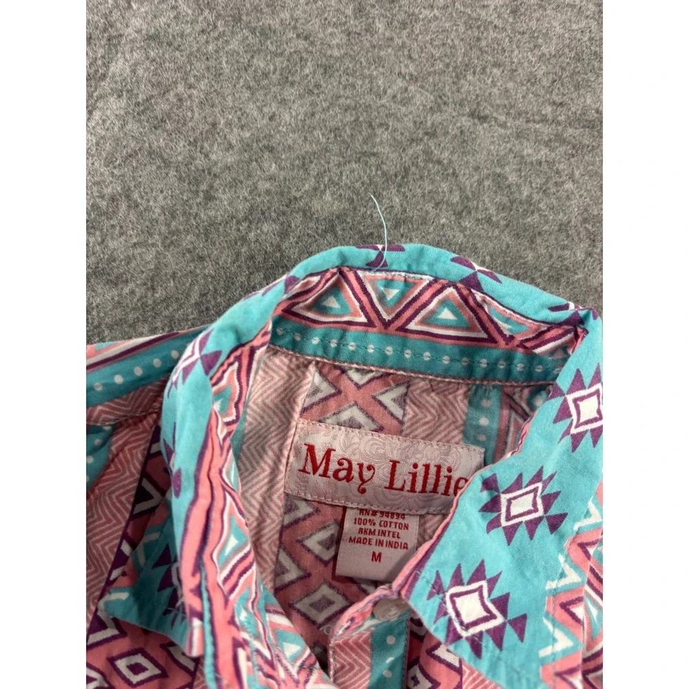 May Lillie Girls M Western Pearl Snap Shirt Pink Turquoise Southwestern Cotton